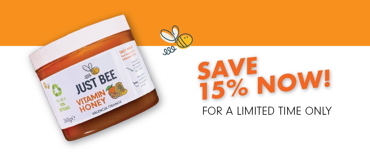 Valencia Orange honey pot with graphics that says save 15% now