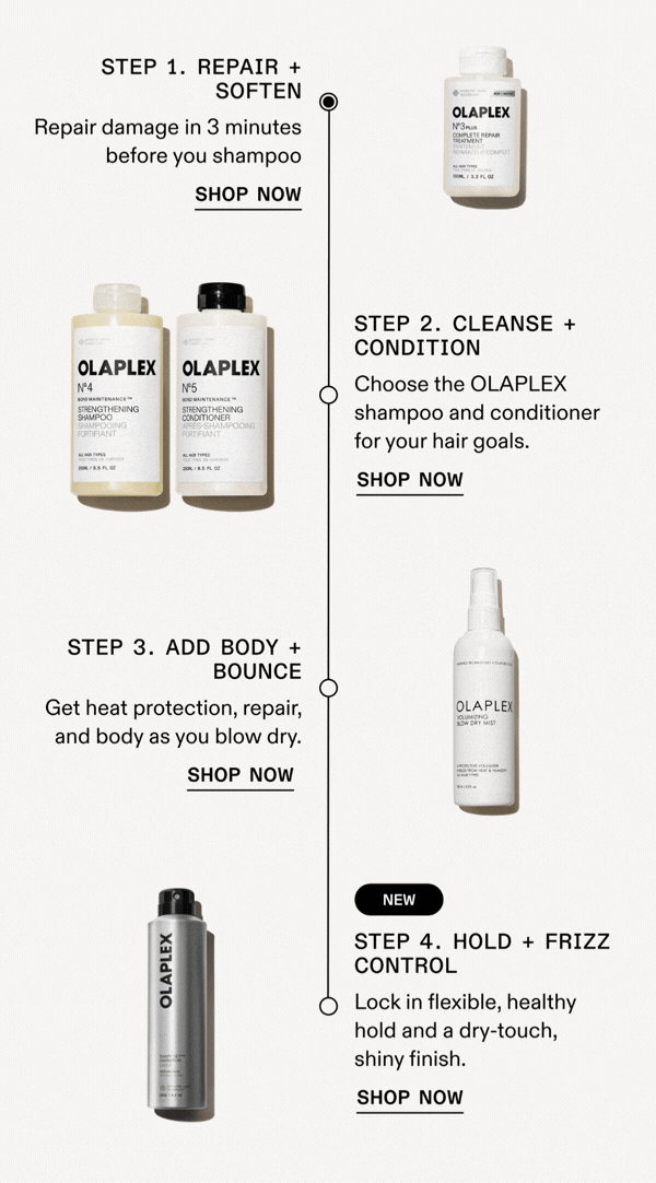 Step 1. Repair & Soften | Step 2. Cleanse & Conditioner | Step 3. Add Body & Bounce | Step 4. Hold + Frizz Control 