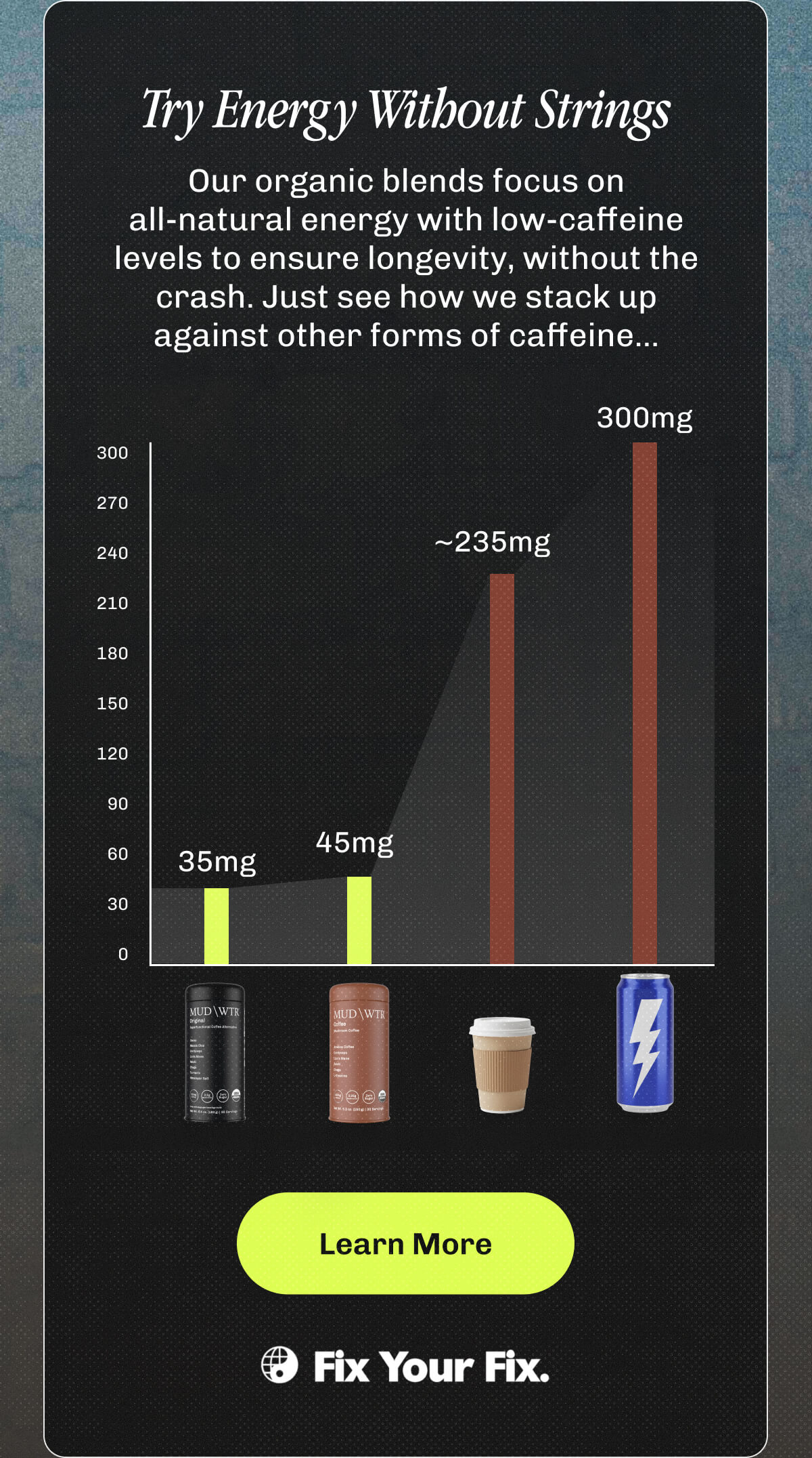Try Energy Without Strings | Our organic blends focus on all-natural energy with low-caffeine levels to ensure longevity, without the crash. | Just see how we stack up against other forms of caffeine... | Learn More
