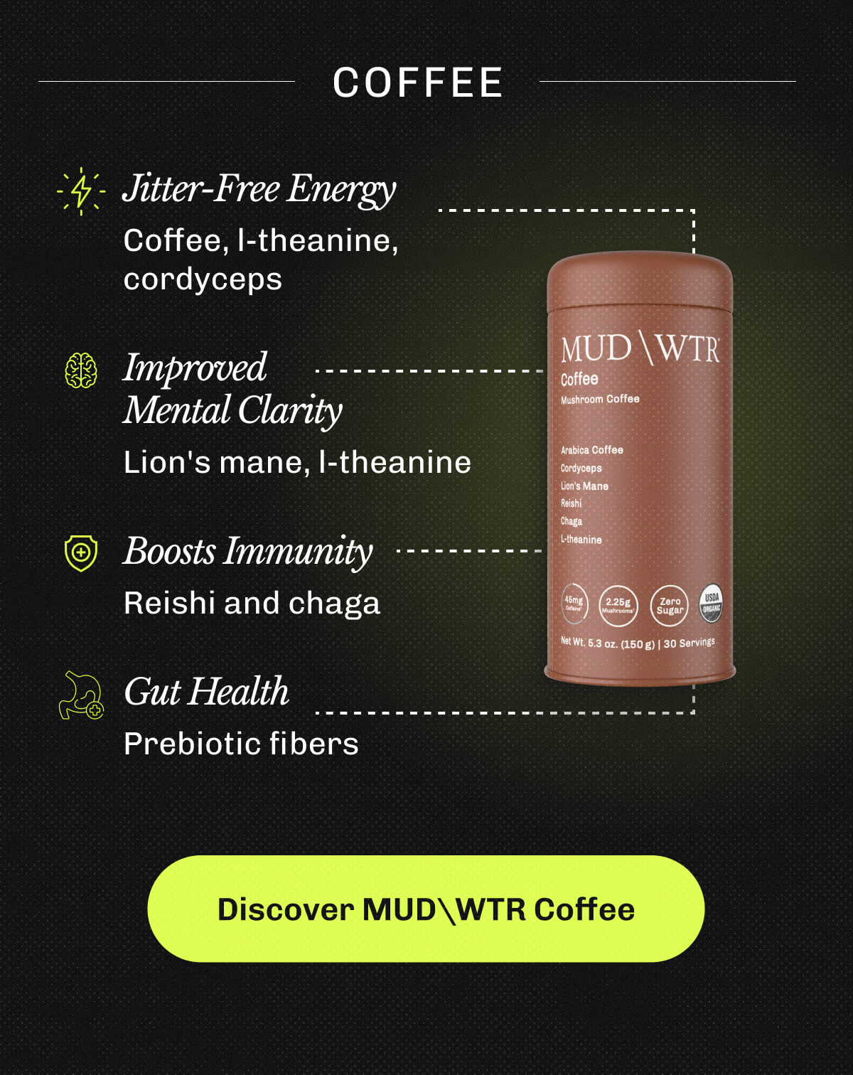 Coffee - Jitter-Free Energy Coffee, l-theanine, cordyceps Improved Mental Clarity Lion's mane, l-theanine Boosts Immunity Reishi and chaga Gut Health Prebiotic fibers | Discover MUDWTR Coffee