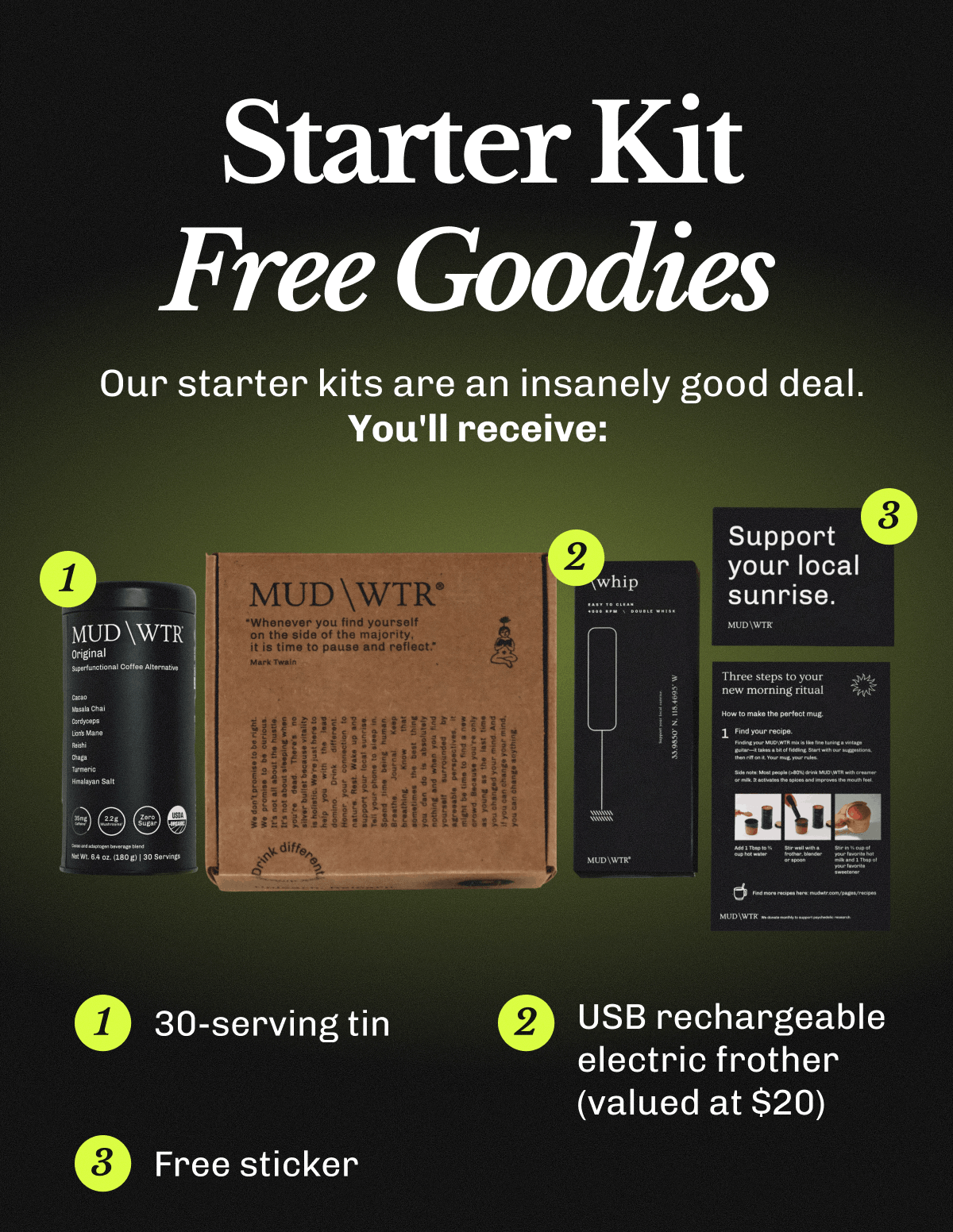 Starter Kit Free Goodies – Our starter kits are an insanely good deal. | You'll receive: 1. 30-serving tin | 2. USB rechargeable electric frother (valued at $20) | 3. Free sticker