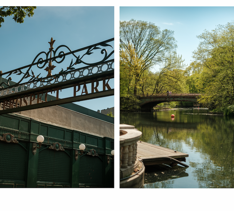 Two photos of Prospect Park side by side: an ornate iron sign surrounded by lush green trees, and a peaceful pond scene with trees reflected in the water.