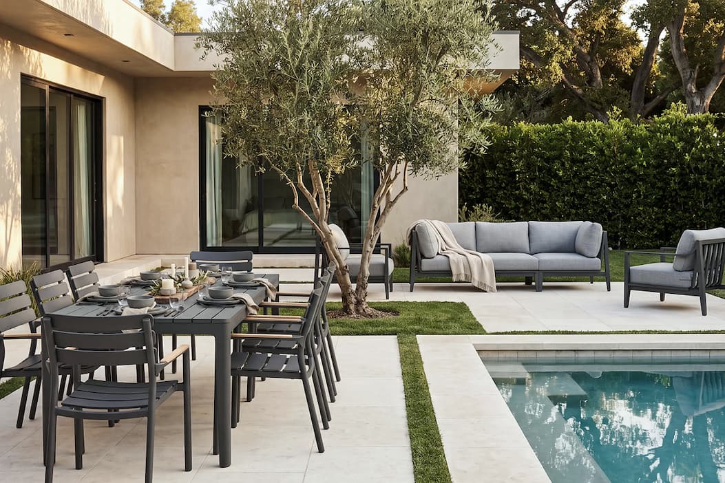 Charcoal Aluminum Sofa + 8 Seat Dining Set