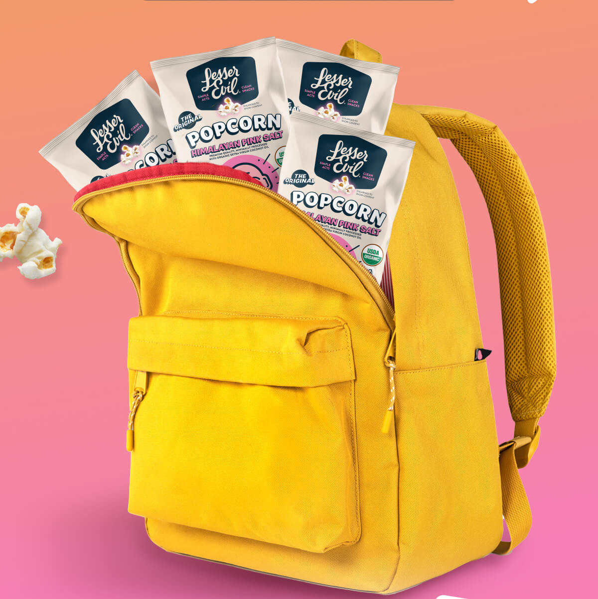 Backpack stocked with LesserEvil Popcorn Bags