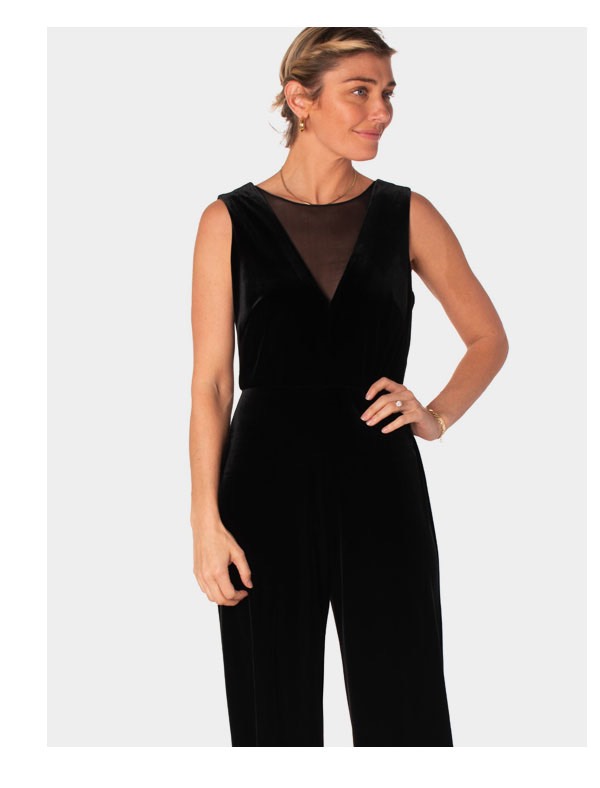 Shop the &quot;Taylor Dresses Velvet Jumpsuit With Mesh Inset&quot; by Taylor Dresses