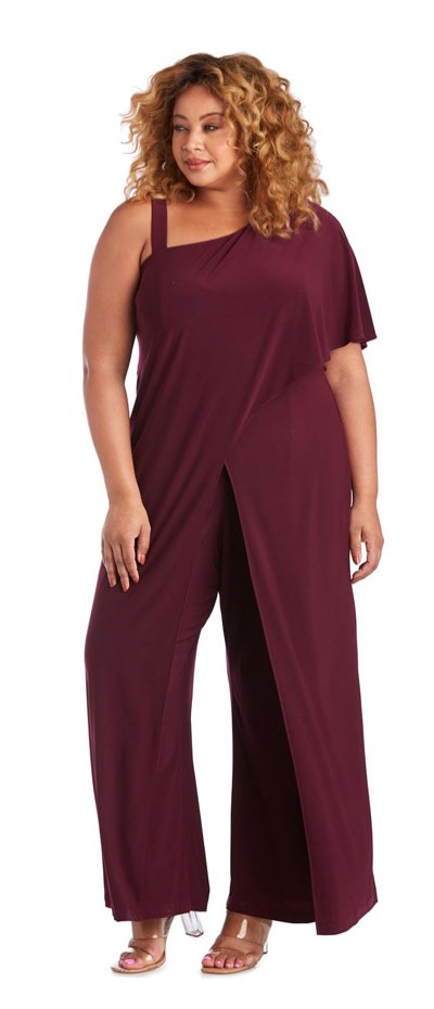 Shop the &quot;One Shoulder Flare Jumpsuit With Overlay And Draped Sleeves&quot; 