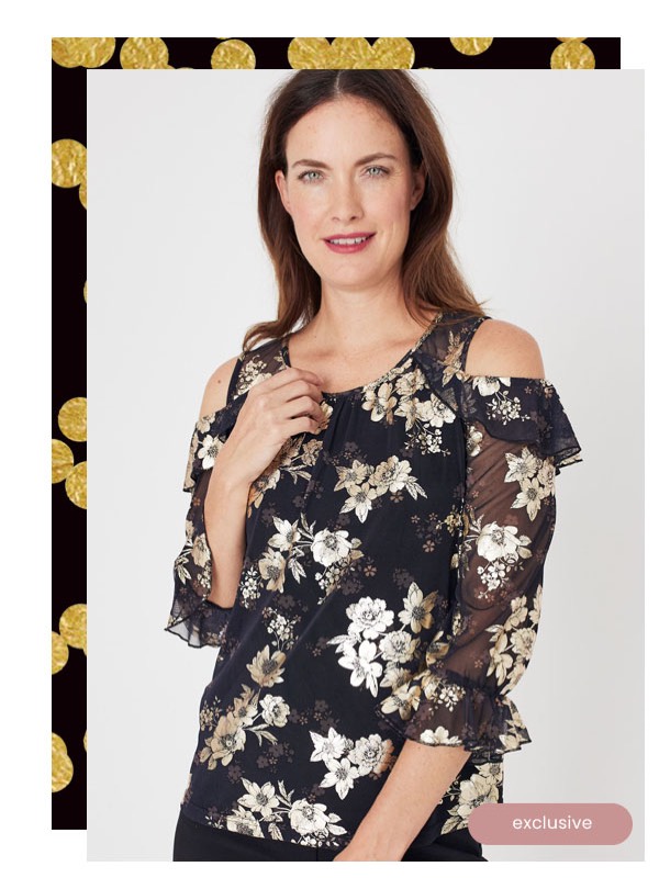Shop the &quot;Roz &amp; Ali Gold Floral Cold Shoulder Blouse&quot; by Roz &amp; Ali
