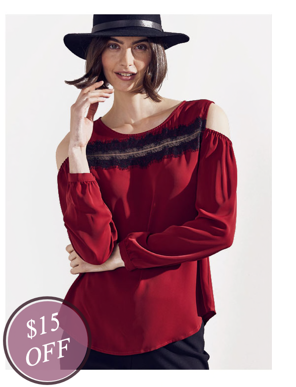 Shop the &quot;Wonder Blossom Cold Shoulder Lace Trim Top&quot; by Wonder Blossom