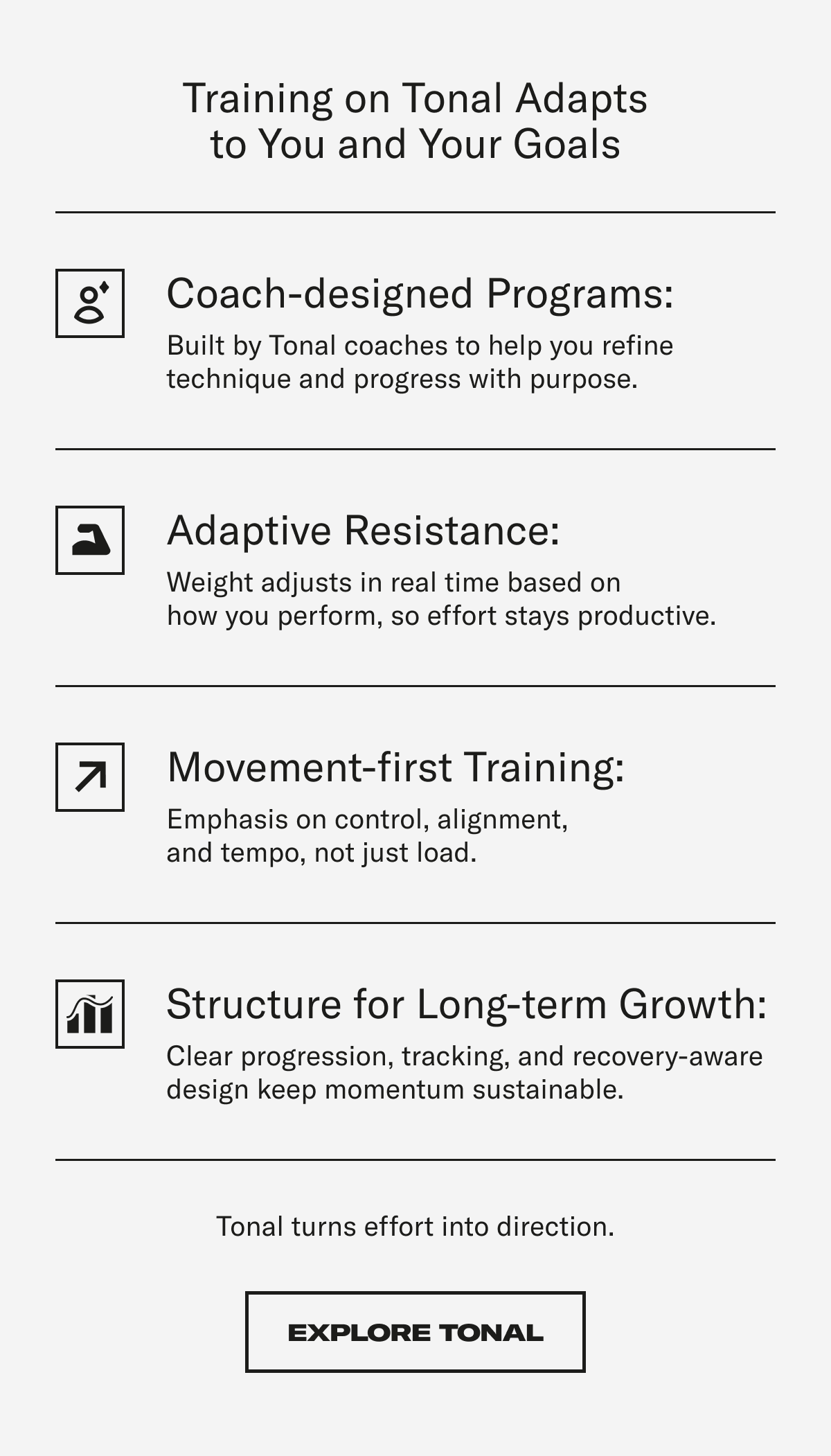 Training on Tonal adapts to you and your goals. Explore Tonal