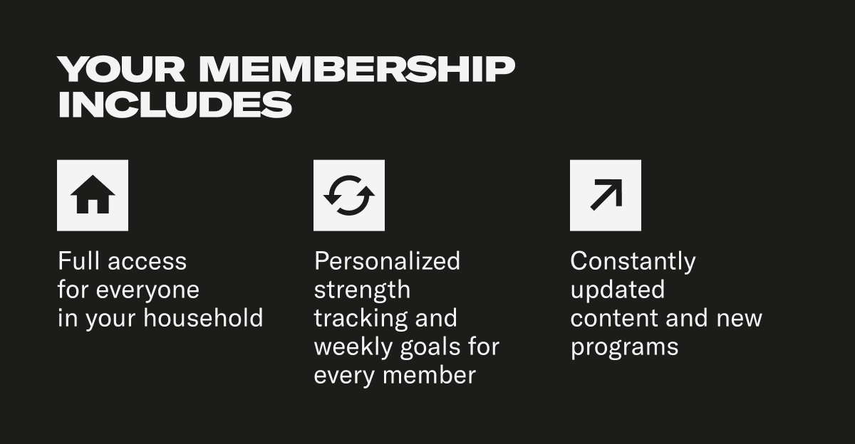Your membership includes: full access for everyone in your household | Personalized strength tracking and weekly goals for every member | Constantly updated content and new programs Your membership includes: full access for everyone in your household | Personalized strength tracking and weekly goals for every member | Constantly updated content and new programs