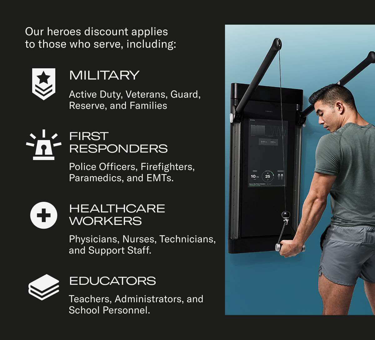 Our heroes discount applies to those who serve, including: Military, First Responders, Healthcare Workers, Educators.