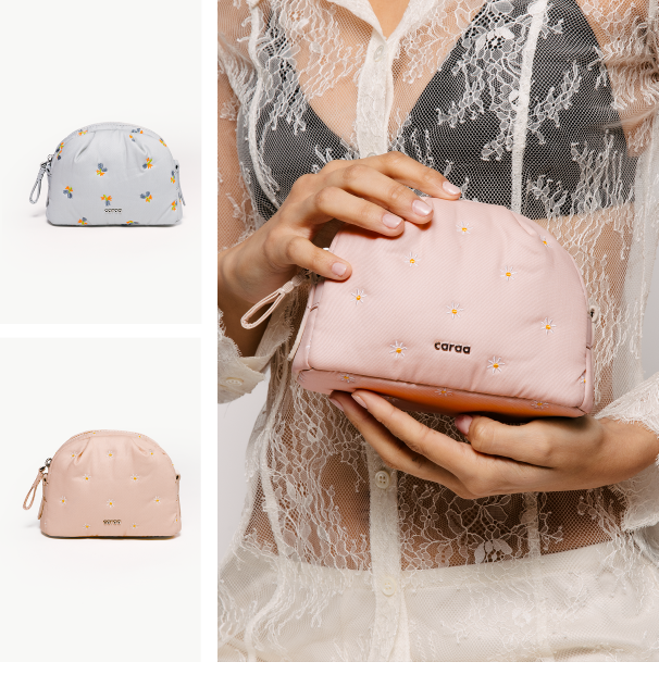 an image of a woman holding a pink purse and a pink purse