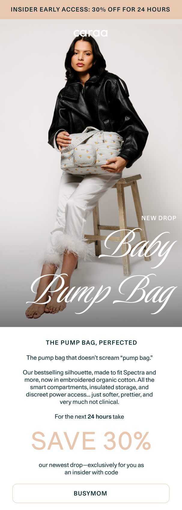 Shop our new embroidered Baby Pump Bag