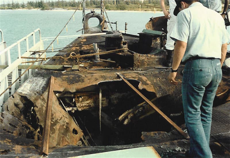 Bomb damage aboard USS Reeves, October 30, 1989