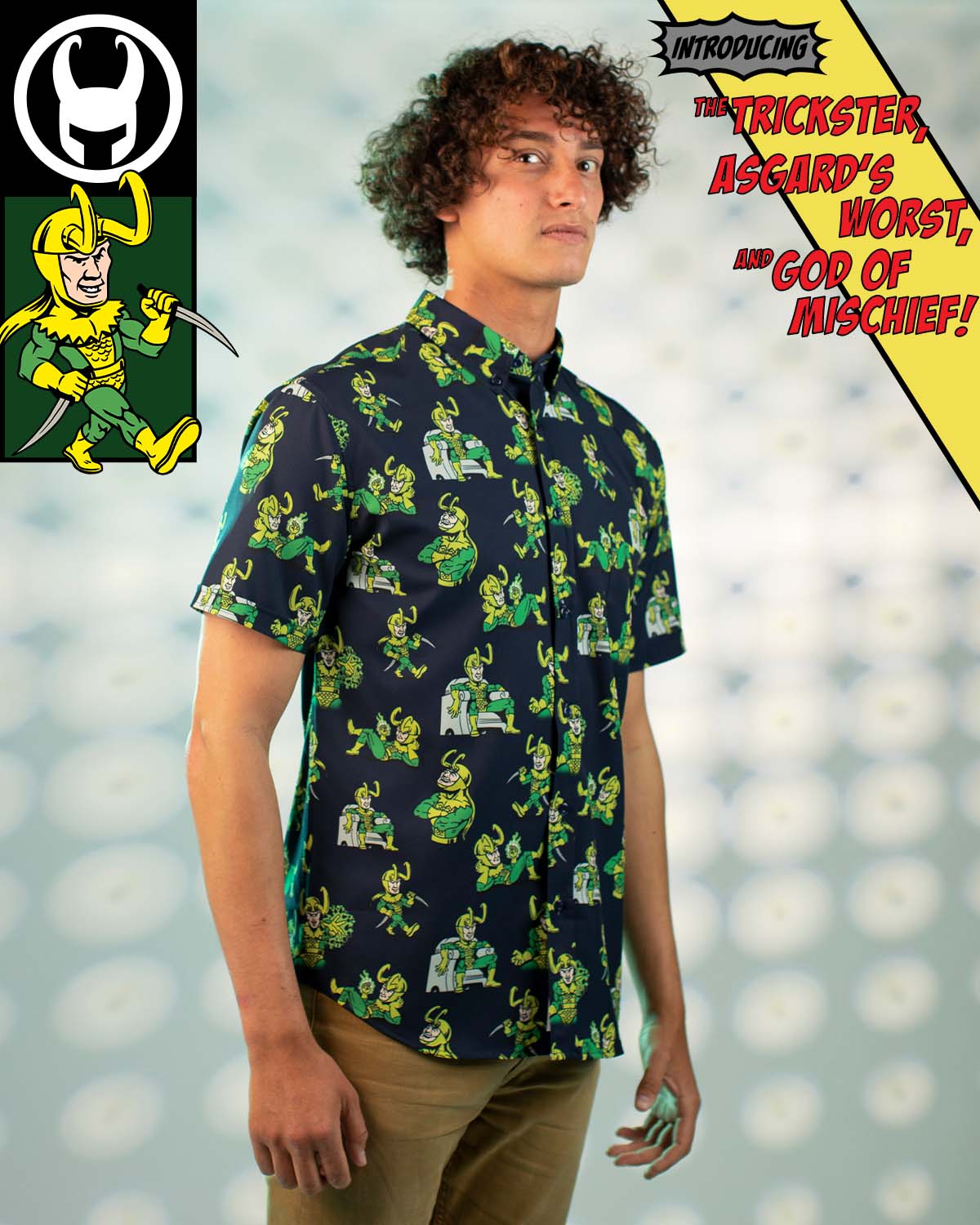A man gives an ornery look while wearing "God of Mischief" shirt. Copy reads, "Introducing The Trickster, Asgard's Worst, and God of Mischief!" A Loki symbol and a closeup of the "God of Mischief" shirt design appear on the top left of the image.
