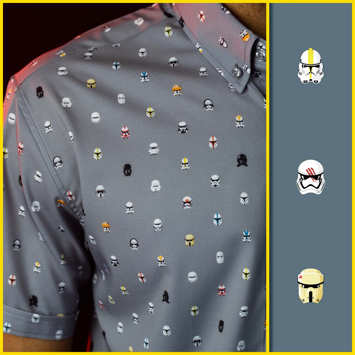 Closeups of "Lil Troopers" design shows a variety of small stormtrooper helmets.
