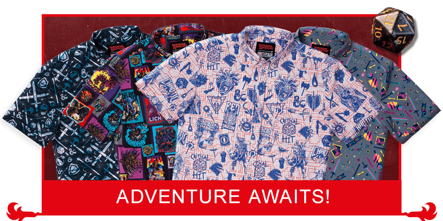 All four shirts of the Dungeons & Dragons Collection. Copy reads, "Adventure Awaits!"
