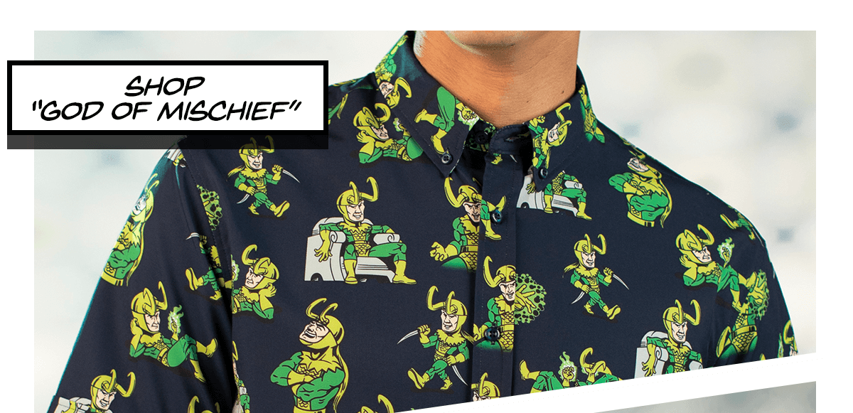 A man wears "God of Mischief" shirt. Copy reads, "Shop 'God of Mischief.'"