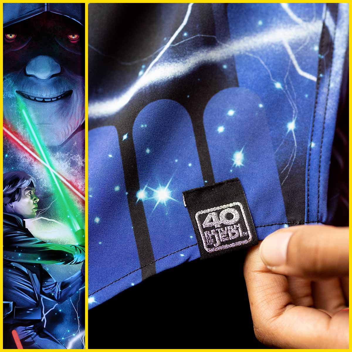 Closeups of "Like My Father Before Me" design show the Emperor watching Luke Skywalker battle Darth Vader, along with a Return of the Jedi 40th Anniversary tag.