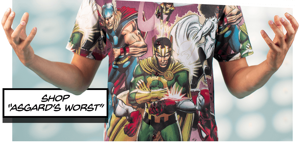 A man wears "Asgard's Worst" shirt. Copy reads, "Shop 'Asgard's Worst.'"