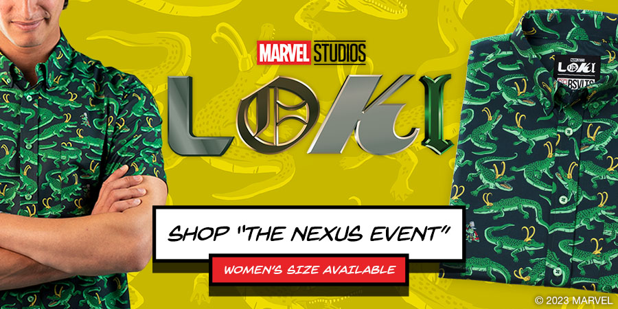 A man grins with his arms folded while wearing "The Nexus Event" shirt along with an image of the folded shirt. Marvel Studios Loki logo appears on the image along with copy that reads, "Shop 'The Nexus Event.' Women's size available."