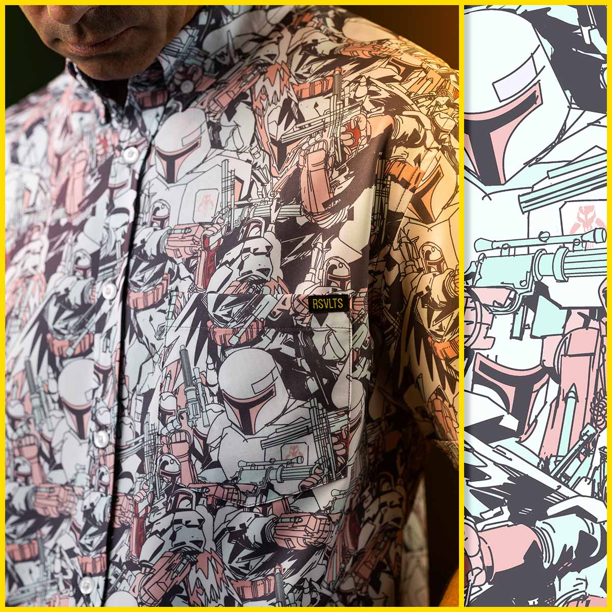 Closeups of "Galactic Bounty" shirt show action shots of Boba Fett.