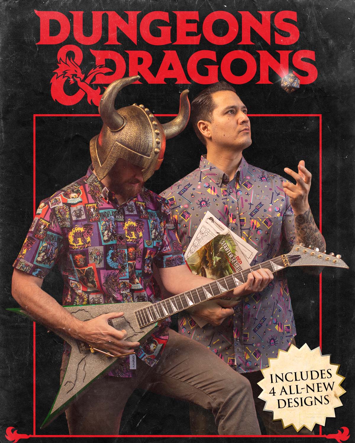 Two men wear shirts from the Dungeons & Dragons Collection. One plays guitar while wearing a horned helmet, the other tosses a 20-sided die in the air. Copy reads, "Dungeons & Dragons. Includes 4 all-new designs."