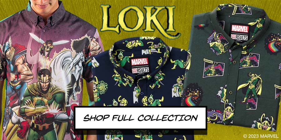 Three shirts from the new Loki Collection. Copy reads, "Loki. Shop full collection."