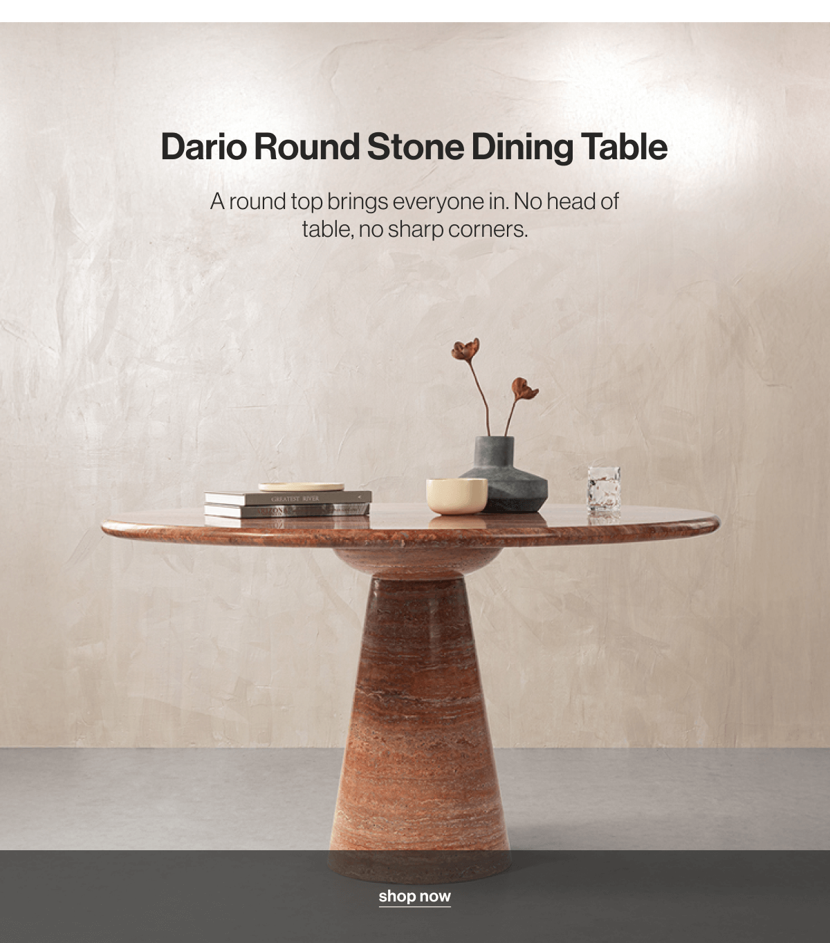 Dario Round Stone Dining Table - A round top brings everyone in. No head of table, no sharp corners. - Shop now