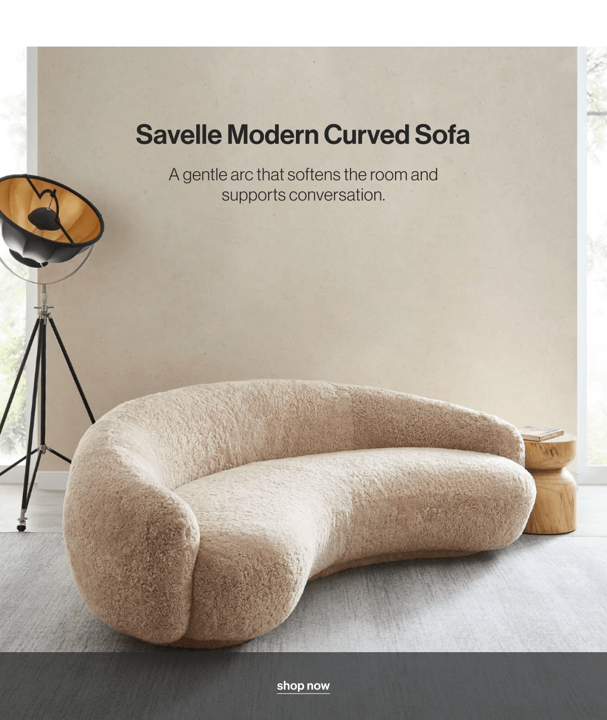 Savelle Modern Curved Sofa - A gentle arc that softens the room and supports conversation. - Shop now