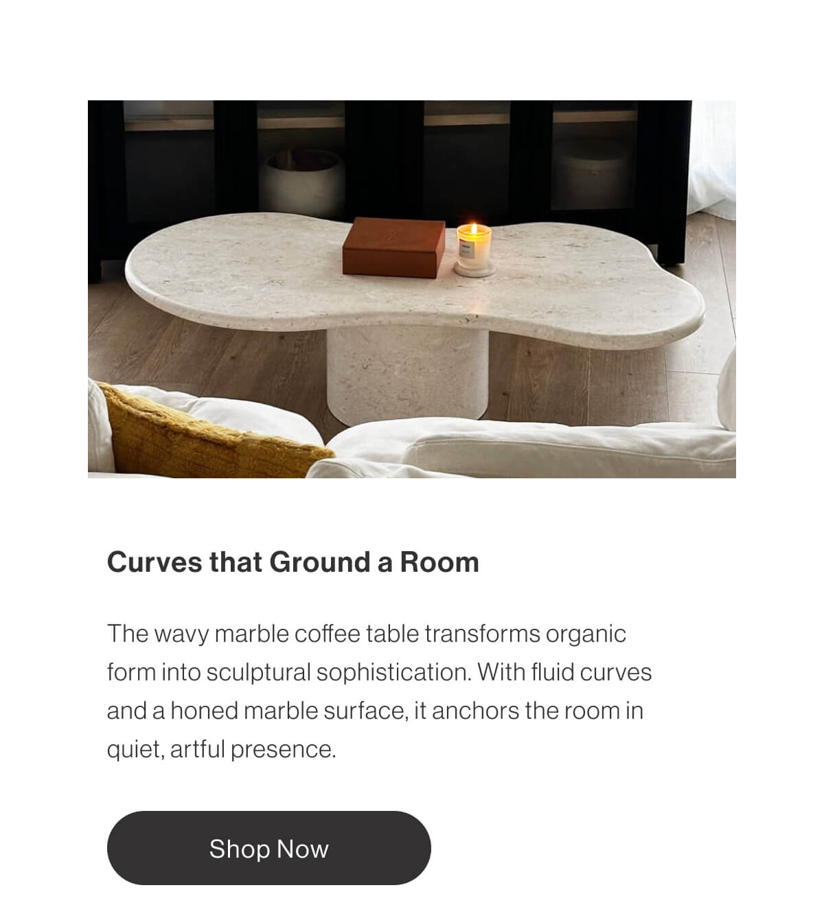 Curves that Ground a Room - The wavy marble coffee table transforms organic form into sculptural sophistication. With fluid curves and a honed marble surface, it anchors the room in quiet, artful presence. - Shop Now
