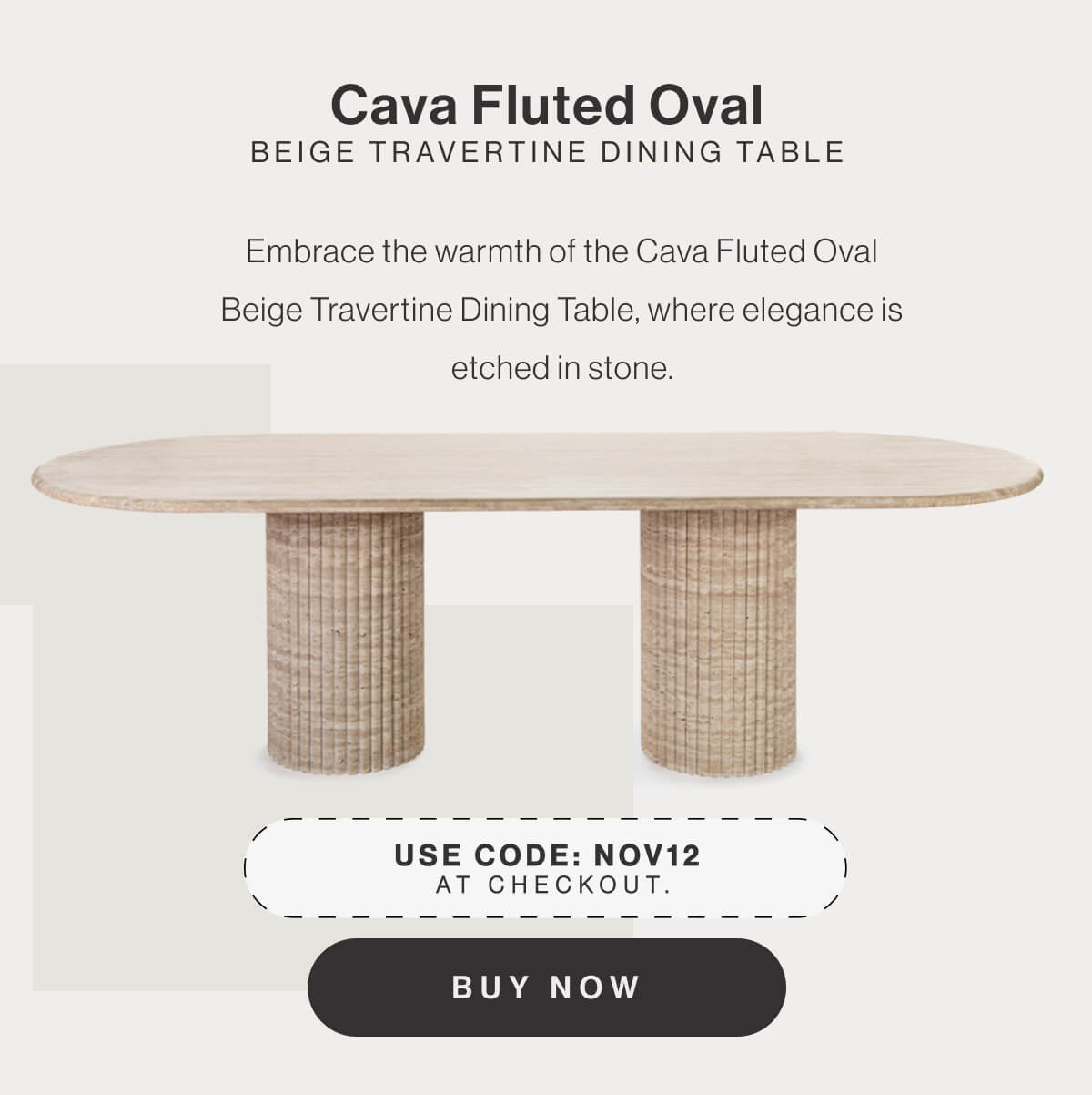 Cava Fluted Oval Beige Travertine Dining Table - Embrace the warmth of the Cava Fluted Oval Beige Travertine Dining Table, where elegance is etched in stone. - Use code: NOV12 at checkout. - Buy Now