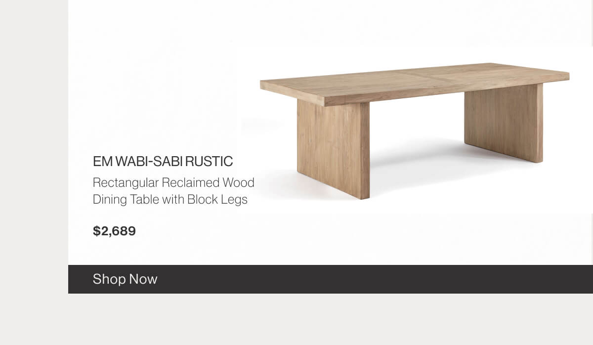 EM Wabi-Sabi Rustic Rectangular Reclaimed Wood Dining Table with Block Legs - $2,689