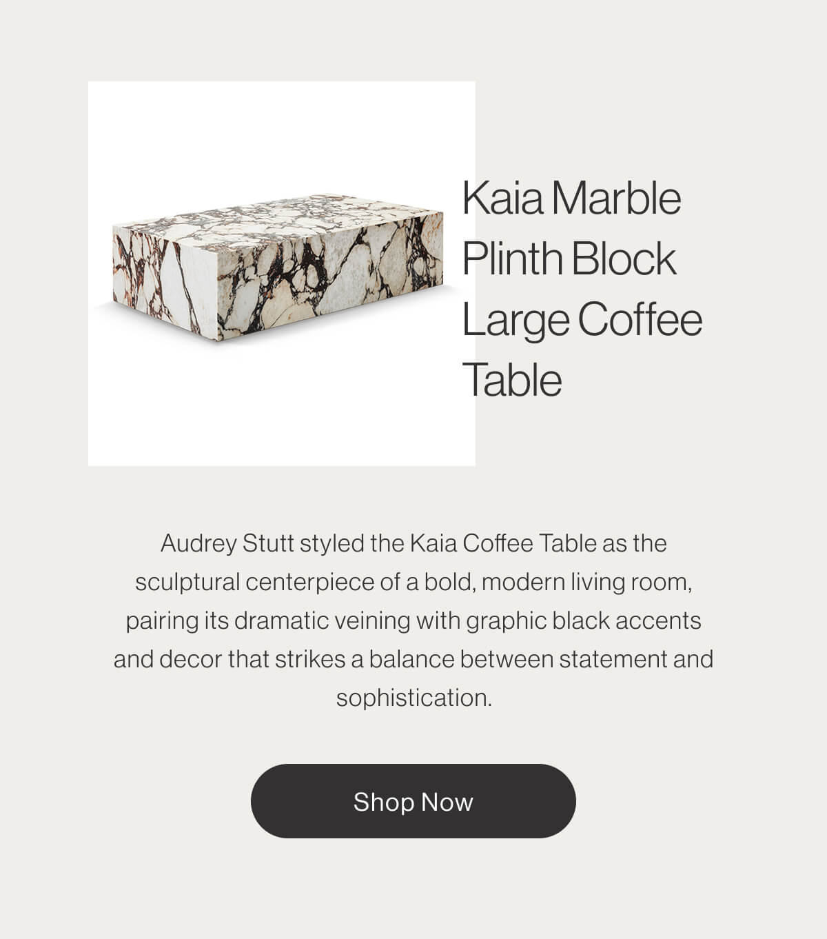 Kaia Marble Plinth Block Large Coffee Table - Audrey Stutt styled the Kaia Coffee Table as the sculptural centerpiece of a bold, modern living room, pairing its dramatic veining with graphic black accents and decor that strikes a balance between statement and sophistication. - Shop Now
