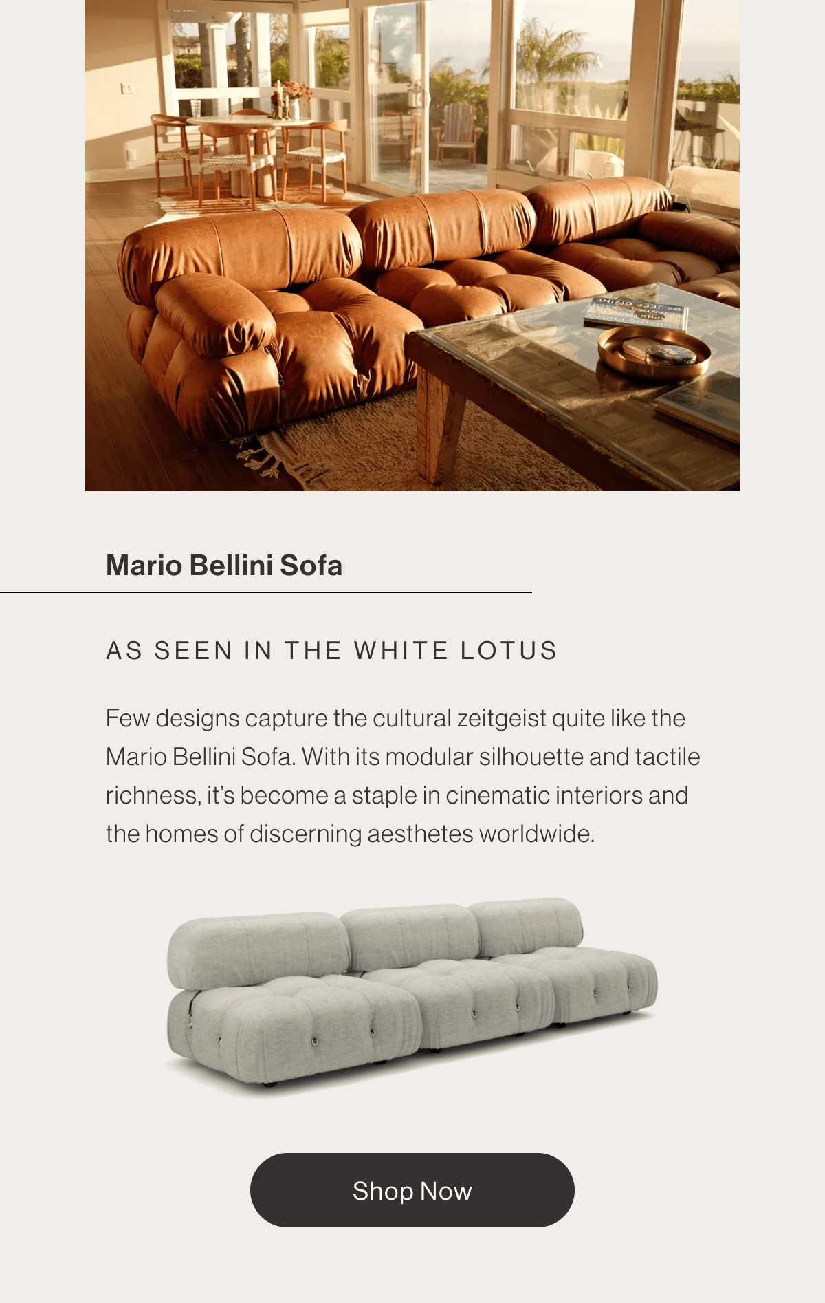 Mario Bellini Sofa - As seen in The White Lotus - Few designs capture the cultural zeitgeist quite like the Mario Bellini Sofa. With its modular silhouette and tactile richness, it's become a staple in cinematic interiors and the homes of discerning aesthetes worldwide. - Shop Now