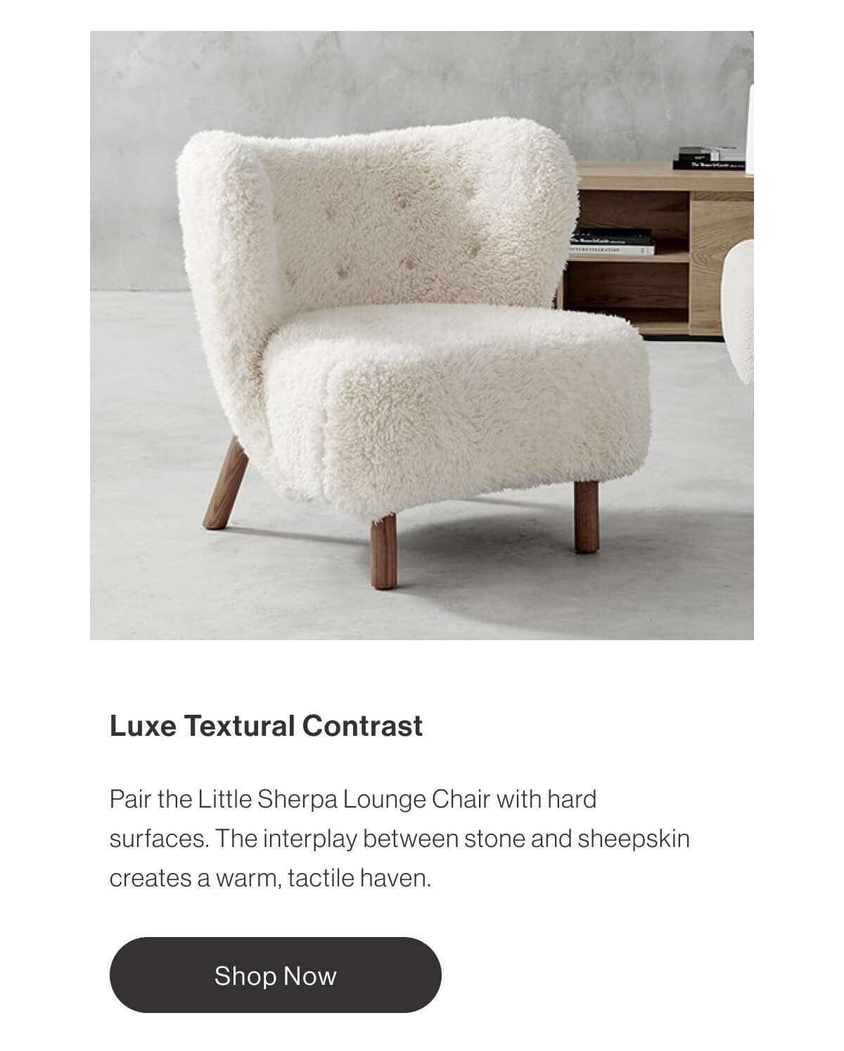 Luxe Textural Contrast - Pair the Little Sherpa Lounge Chair with hard surfaces. The interplay between stone and sheepskin creates a warm, tactile haven. - Shop Now