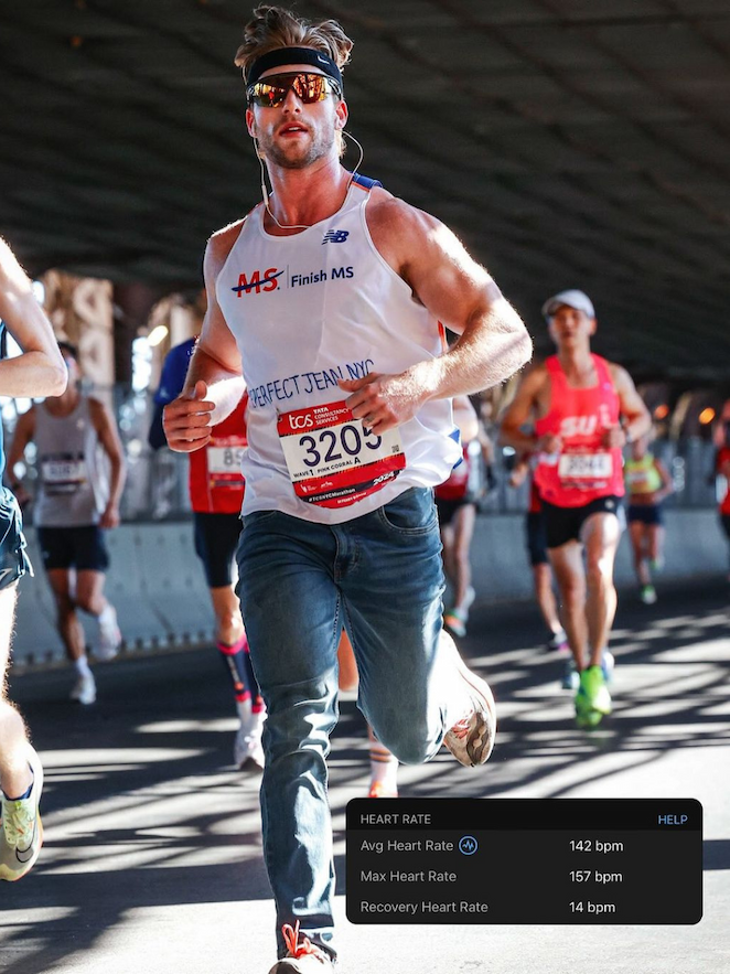 Truett Hanes running the NYC Marathon in Athletic Jokers
