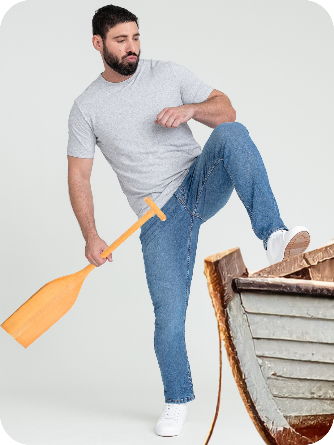 Slim Streams, Light Grey Crew Neck, an oar and a boat.