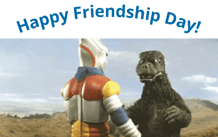 Jeg Jaguar and Godzilla shake hands after defeating Megalon and Gigan [1973]