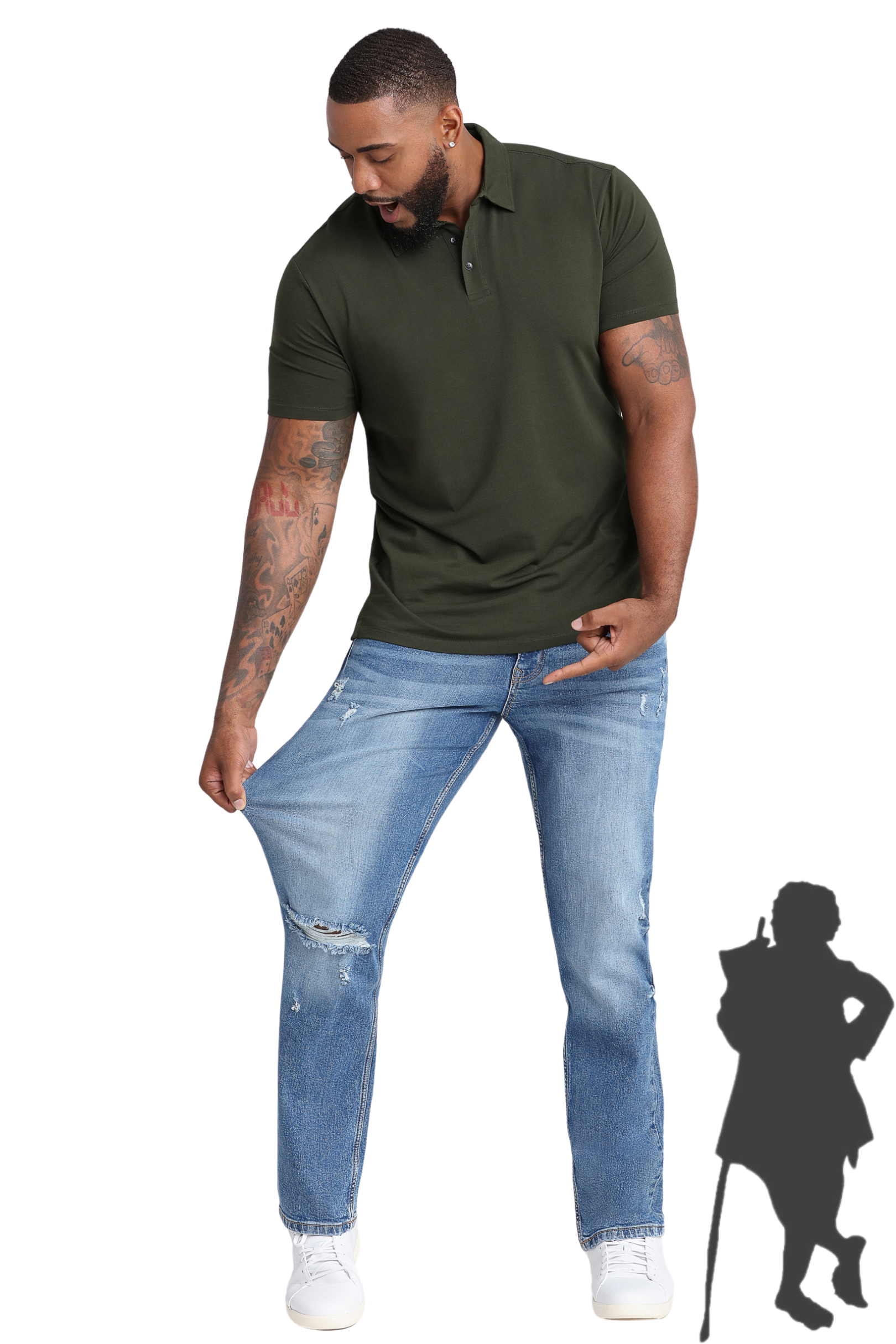 Olive Polo, Athletic 99% Glaciers, traveler silhouette in the background