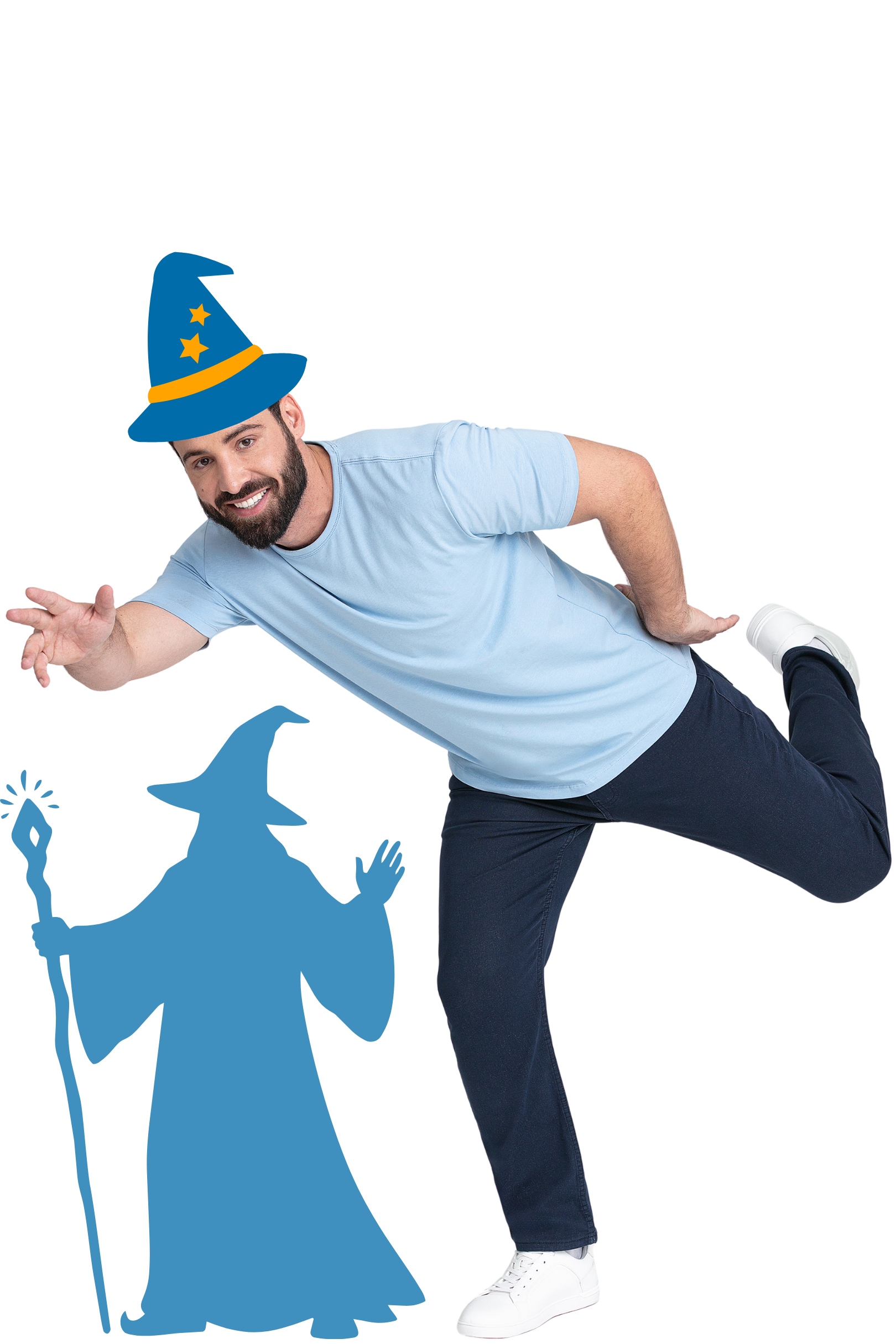 Light Blue Crew, Navy Athletic Denkhakis, wizard silhouette in the background