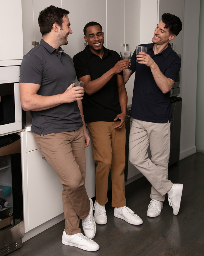 These jeaniuses are rocking Polos in Steel & Black and 3 shades of Denkhaki: Dark Khaki, Tobacco, and Smoke