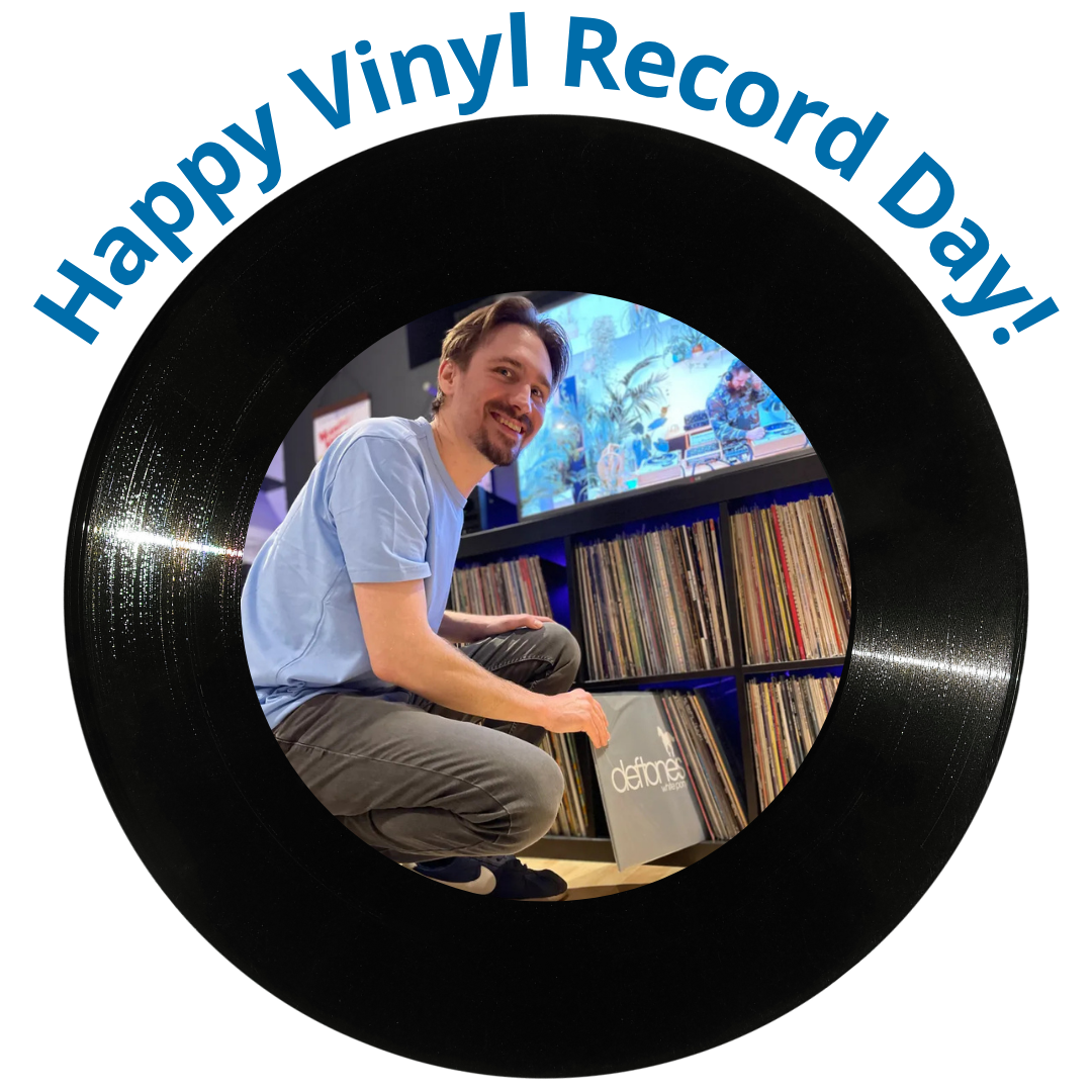 Happy Vinyl Record Day! Perfect customer TC is wearing a Light Blue Crew Neck Tee & Slim fit Miners & grabbing a Deftones album