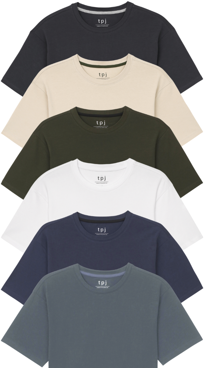 From top to bottom: Crew Necks in Black, Tan, Olive, White, Navy, and Steel