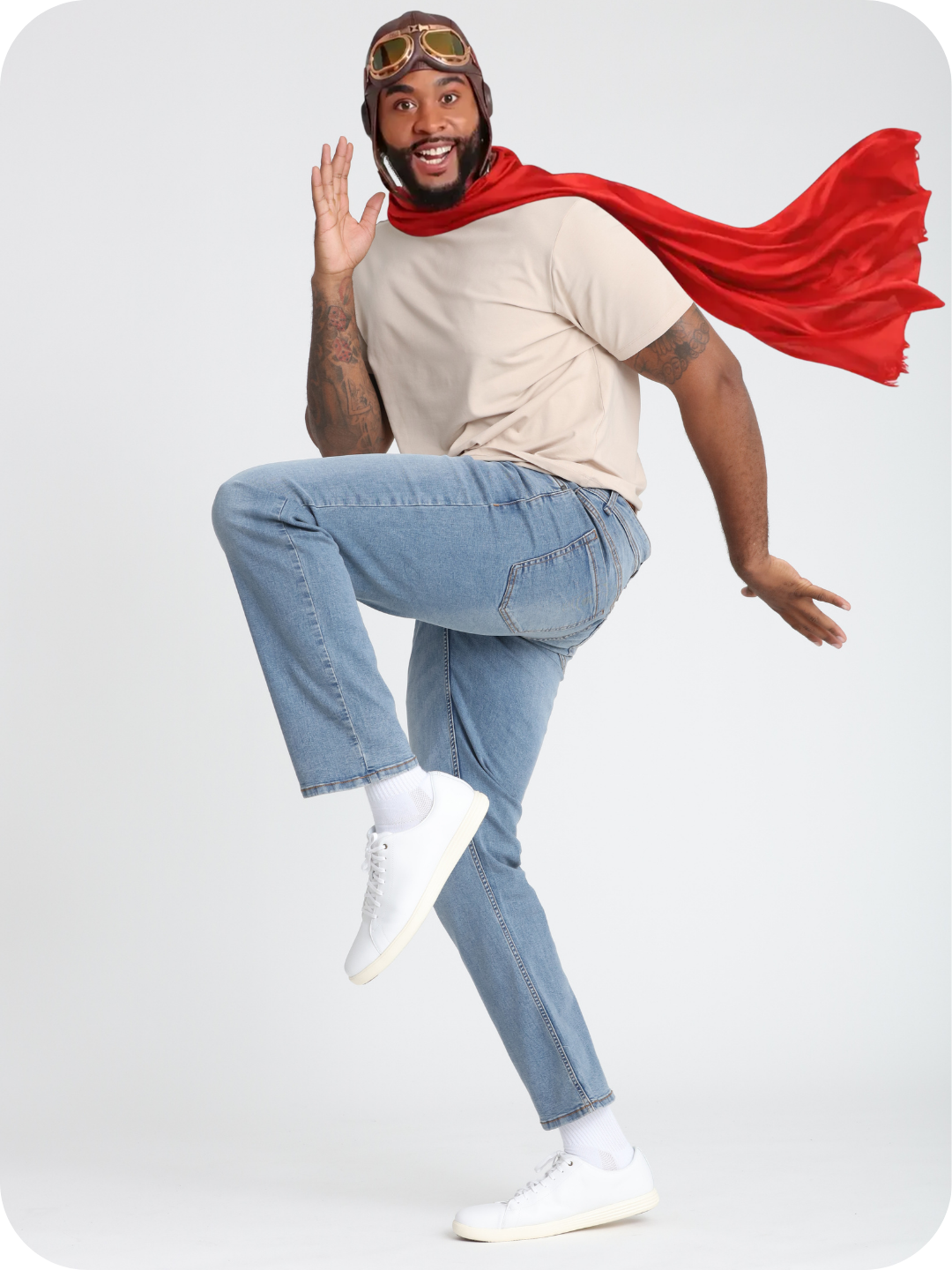 Thick Thicc Skys, Tan Crew Neck, an aviator helmet and goggles, and a WWI flying ace scarf.
