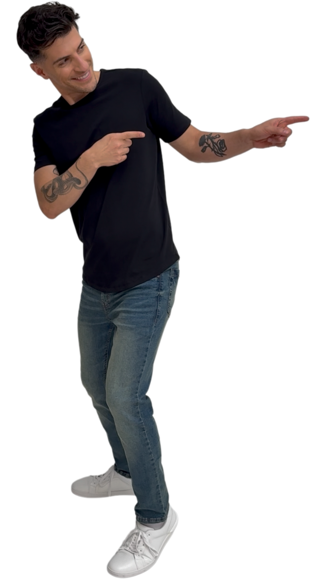 Model is wearing a Black Crew Neck Tee and Slim Cowboys