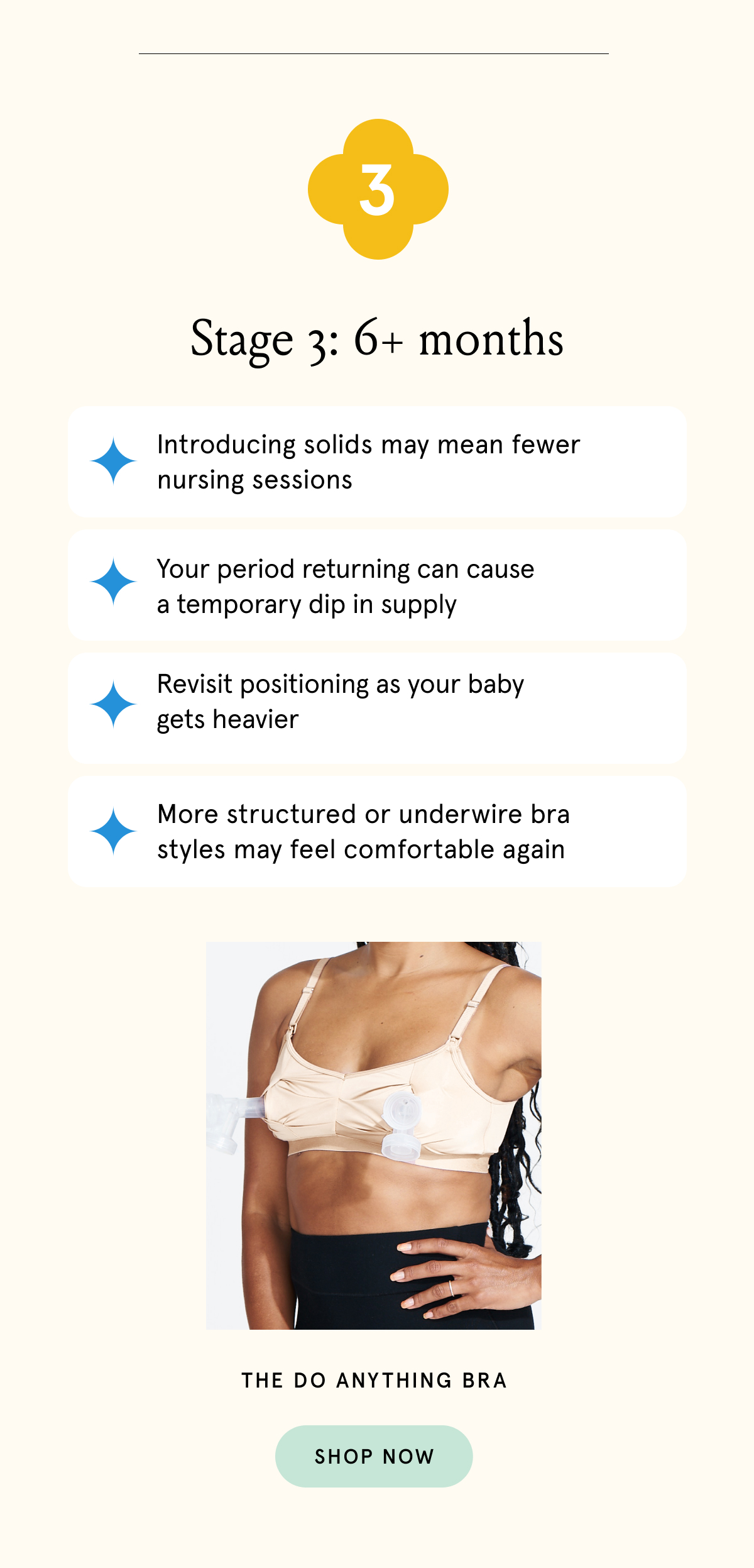Stage 3: 6+ months. Introducing solids may mean fewer nursing sessions. Your period returning can cause a temporary dip in supply. Revisit positioning as your baby gets heavier. More structured or underwire bra styles may feel comfortable again.