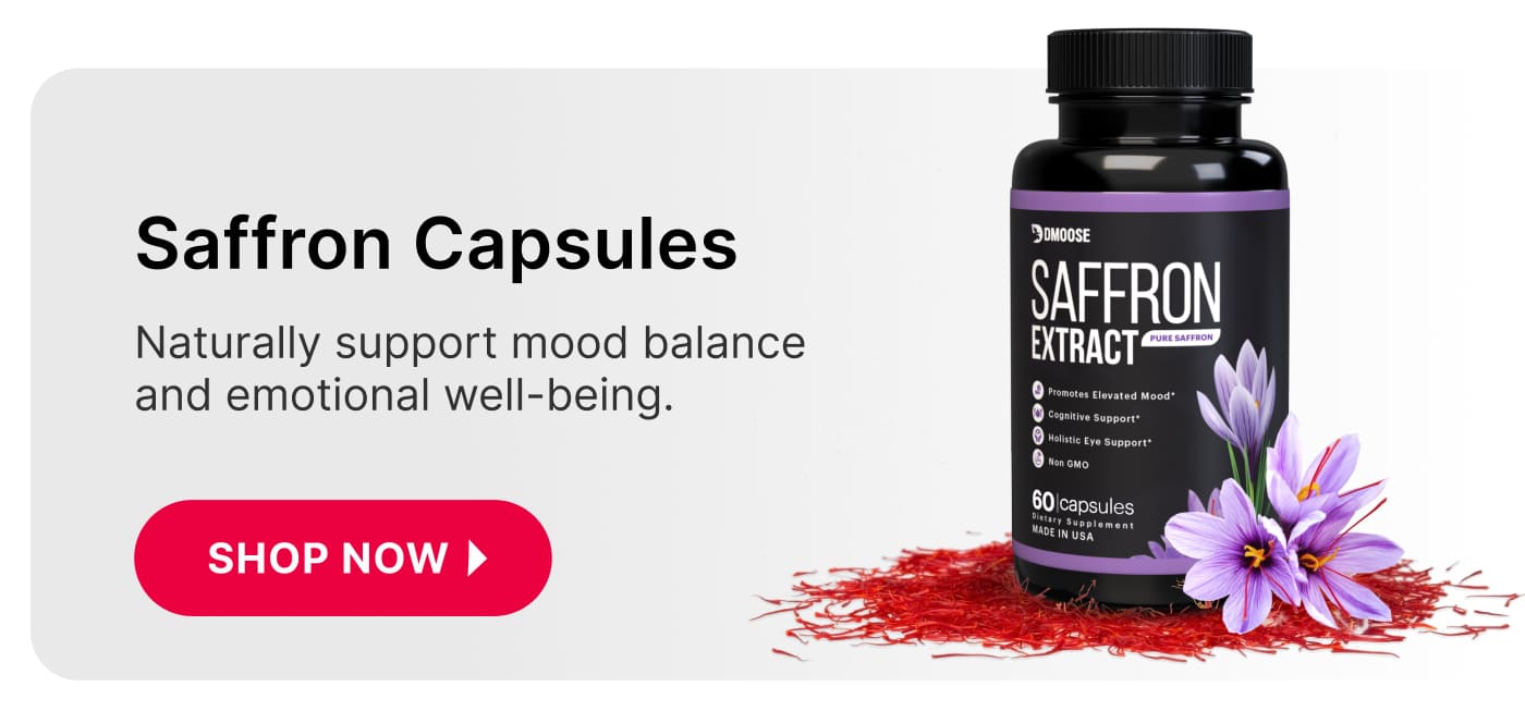 DMoose Saffron Extract supplement bottle surrounded by saffron strands and flowers, promoting mood balance and emotional well-being.