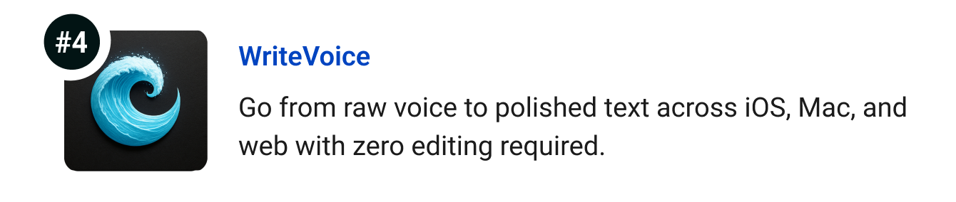 WriteVoice - Go from raw voice to polished, published text across iOS, Mac, and web with zero editing required.