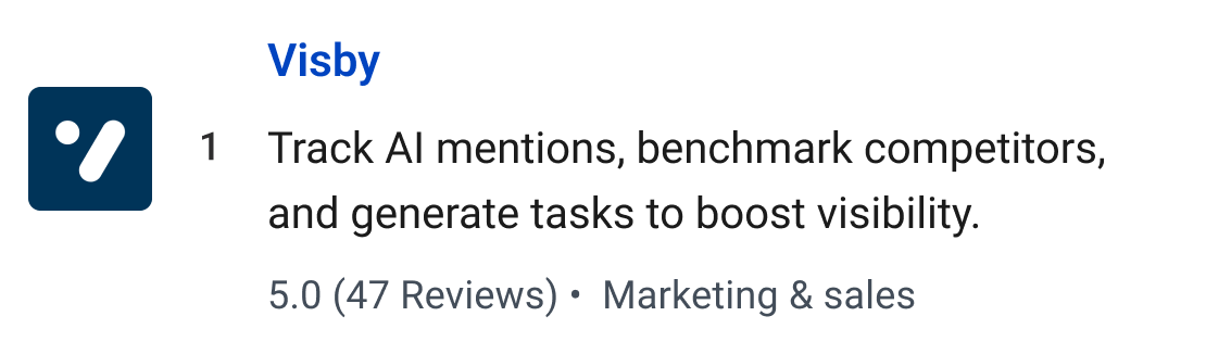 Visby: Track AI mentions, benchmark competitors, and generate tasks to boost visibility.